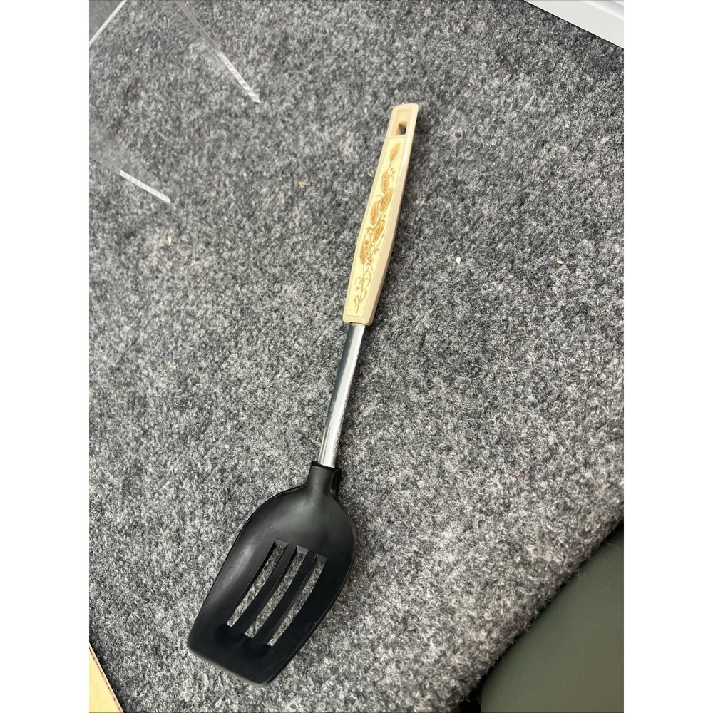 Vintage Black Nylon Slotted Serving Spoon Wheat Patterned Handle Japan 11"